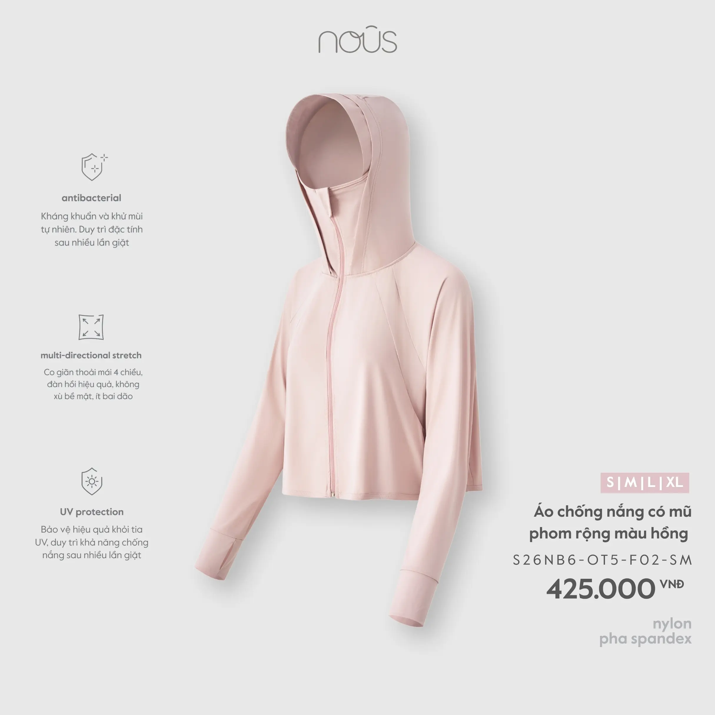 Áo chống nắng có mũ phom rộng màu hồng Nous