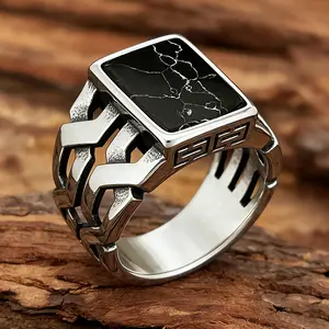 Cincin Pria Bergaya Retro Hitam dengan Batu Turquoise Sintetis, Motif Totem Hitam Perak, Batu Pola Sintetis, Aksesori Cincin Pria Gaya Hip-Hop Punk Rings