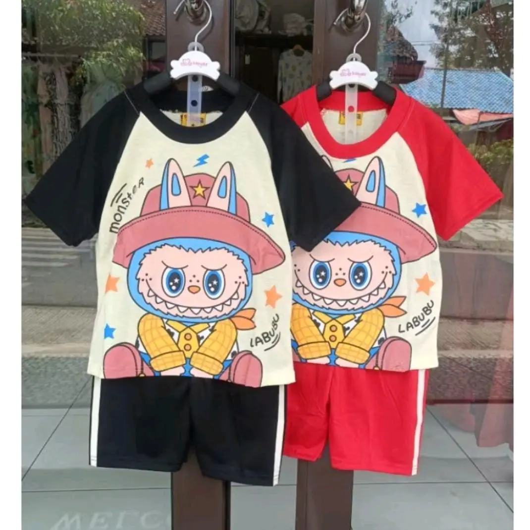 Setelan Labubu Viral Terbaru Anak Laki Laki usia 2-10 Tahun Baju Stelan Cowok labubu Katun Parsel