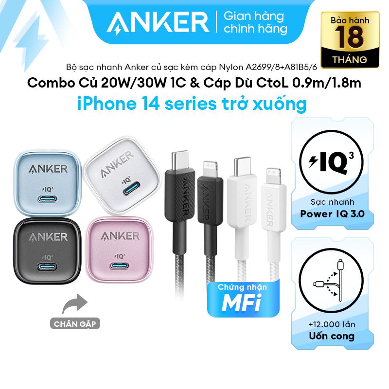 [Combo 20W/30W Củ Zolo & Cáp Dù] [Dành cho iPhone 8 đến iPhone 14] Combo sạc nhanh Anker 20W/30W - Củ sạc nhanh Anker Zolo GaN 20W/30W 01 cổng USB-C chân gập & Cáp sạc nhanh Anker 322 MFi bọc dù chắc chắn - A2699/8+A81B5/6