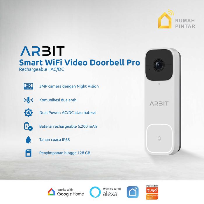 Gambar ARBIT WiFi Video Doorbell Pintar Waterproof Tahan Air IP65 3MP 2048p + Chime + Smart Home Pro White Rechargeable two way communication Bell Baterai Kabel Set Tuya AC/DC dari ARBIT Smart Home Kota Administrasi Jakarta Barat Tokopedia