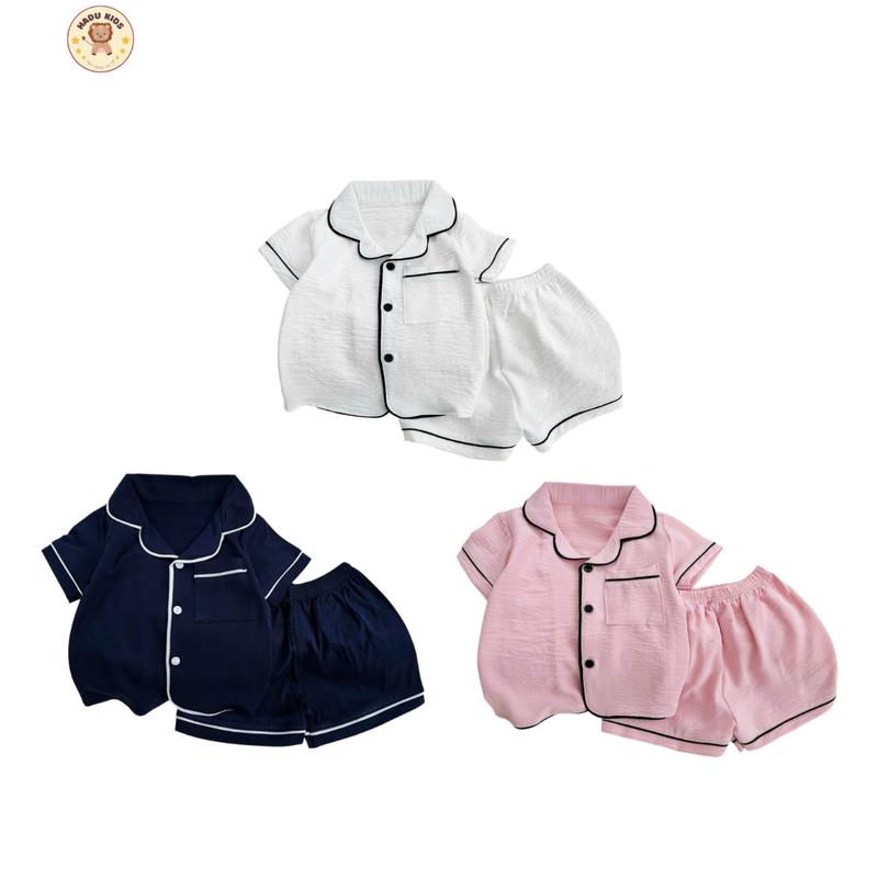  Pijama cho bé quần áo ngủ cộc tay vải ĐŨI NHĂN mát mềm thoáng cho bé trai bé gái - HADU KIDS 7-26kg 