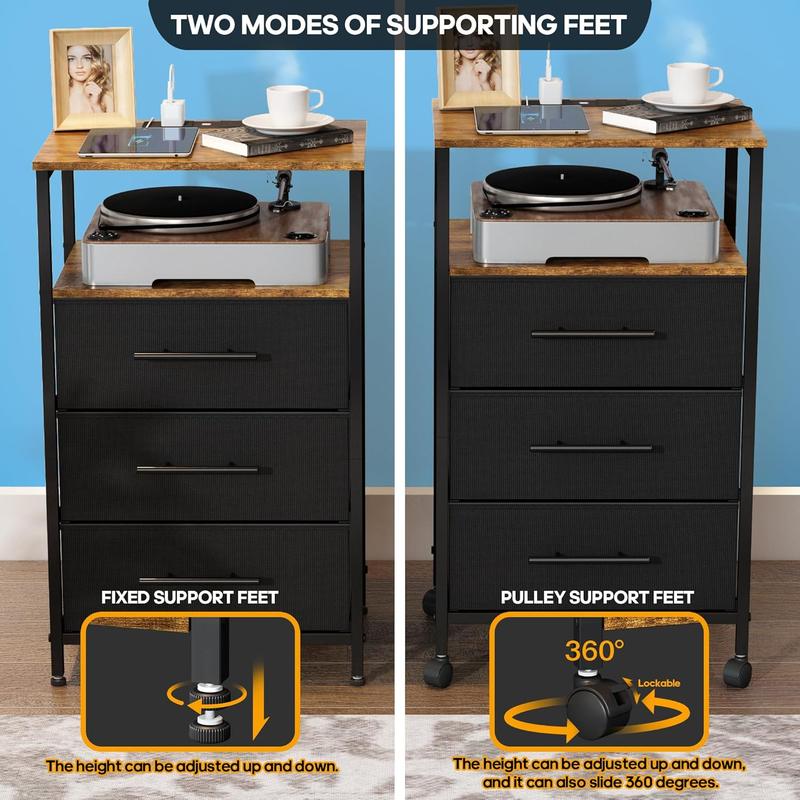 Bedside Table with Charging Station, Nightstand with 2 Outlets and 2 USB Ports,Sofa Table with 4 Castors Metal Frame and Fabric Drawers, for Bedroom Living Room (3 Drawers, Black) 2