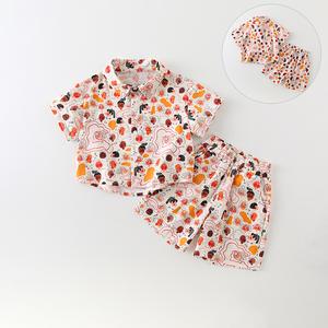 SCBEBEキッズトロピカル2点セット カラフルキャラクタープリントシャツ＆ショートパンツ サマービーチ風 韓系カジュアル 3歳〜12歳 AT613