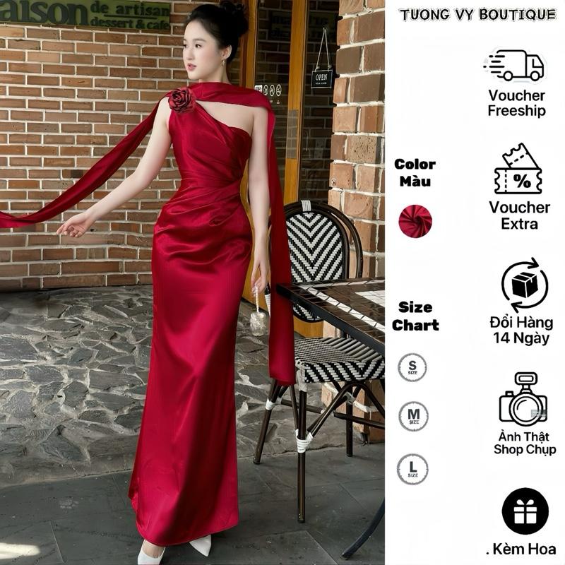 KÈM HOA ĐỎ & DÂY CHOÀNG Váy Lụa Lệch Vai MẶC NHIỀU KIỂU Dáng Dài Xếp Li Eo Lưng Kín Sang Trọng Dành Cho Nữ TV570