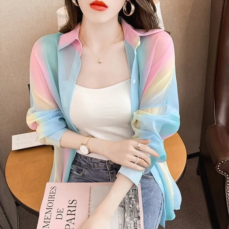 Women's 2024 new thin long-sleeved rainbow fashion shirt with sunscreen 2