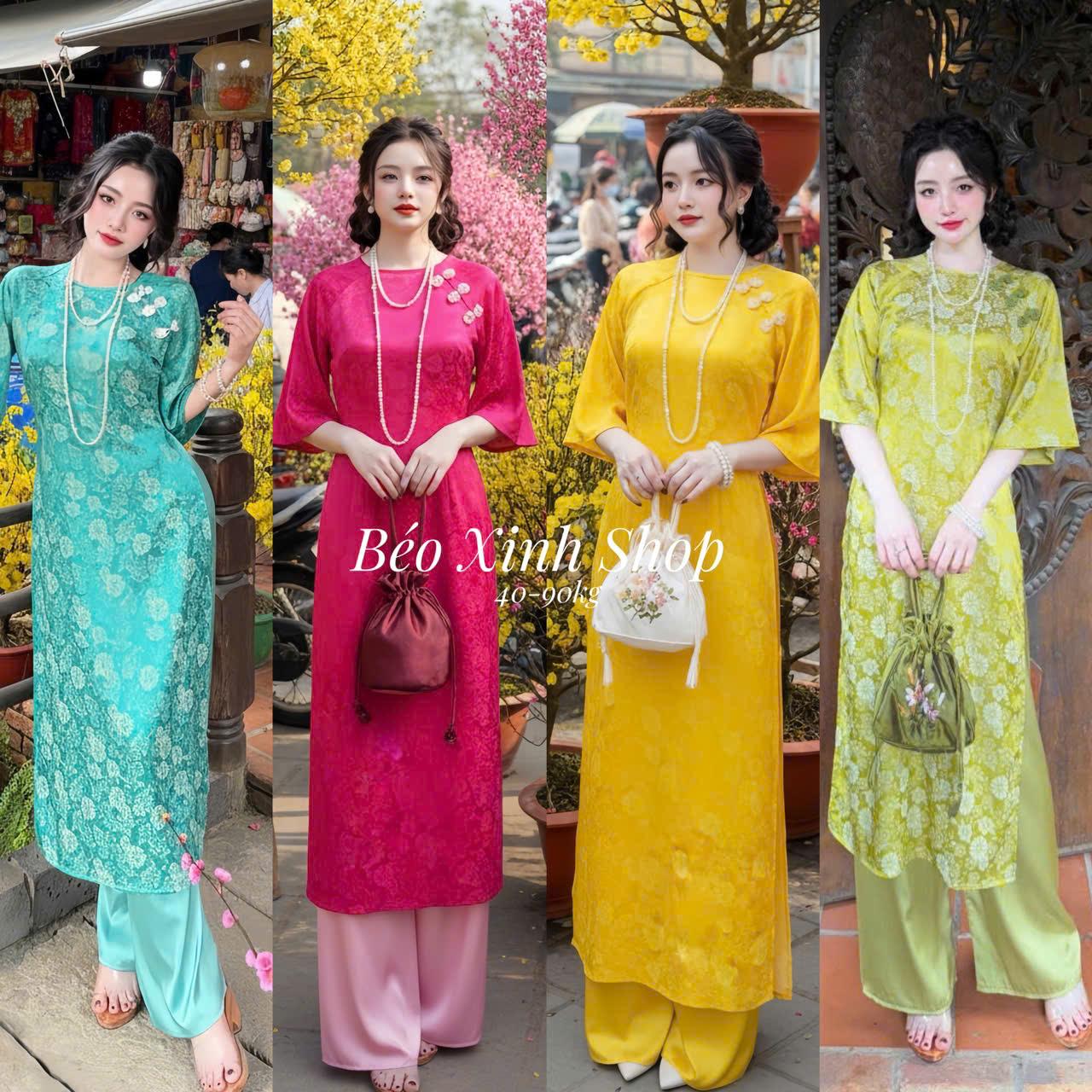 [Tết 2026] Áo Dài Cách Tân Vải Gấm 2Da Cao Cấp Quần Vải Latin 40-95Kg Béo Xinh Shop - A.1454