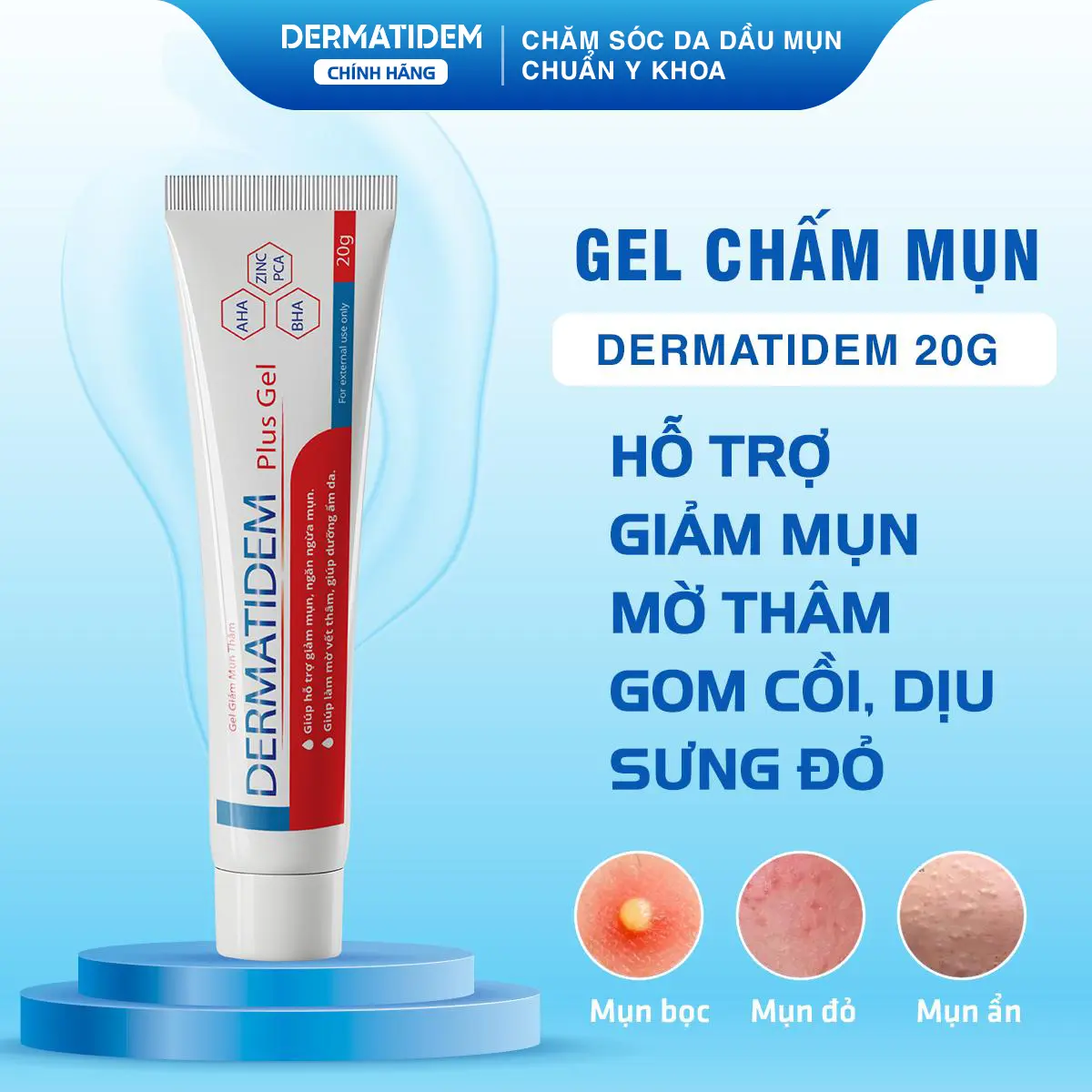 Gel Chấm Mụn Dermatidem Plus Gel 20g Giúp Giảm mụn, làm mờ thâm, hỗ trợ ngăn ngừa mụn