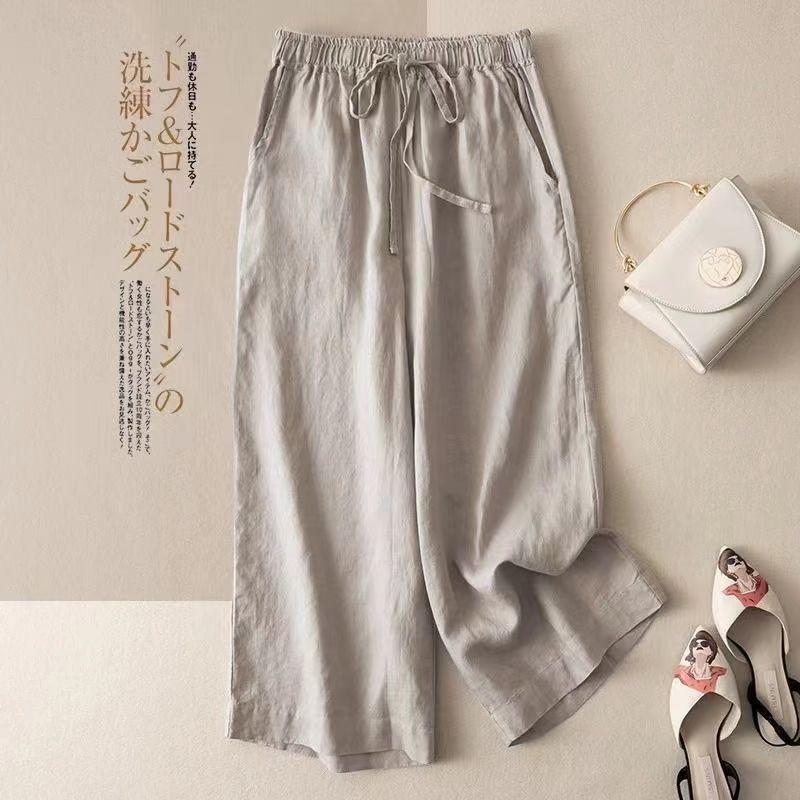 Quần nữ cotton và lanh quần cắt mỏng thoáng khí mới mùa hè quần ống đứng dáng rộng cạp cao thường ngày ống rộng xếp nếp 0