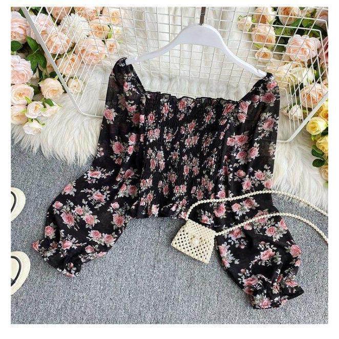 Product Introduction of Retro Floral Crop Top for Women Long Sleeve High-waisted Short Blouse Off-shoulder Shirt 13