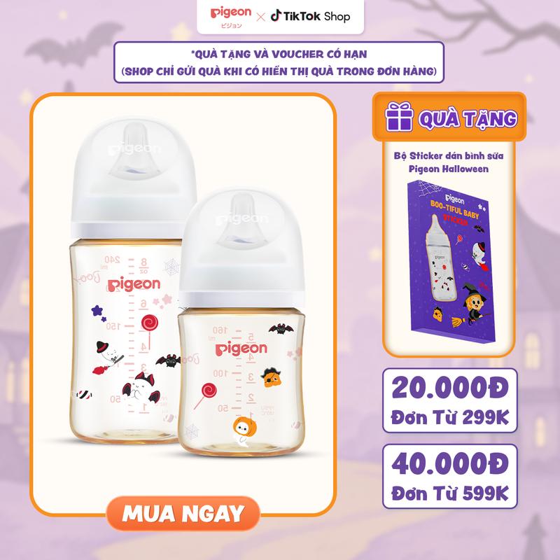 [TẶNG STICKER HALLOWEEN] Bình sữa Pigeon PPSU/T-ESTER/ THỦY TINH Softouch Baby-Friendly World 160ml/240ml