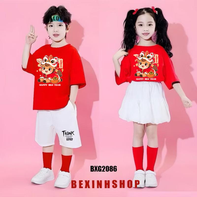   BEXINHSHOPVN  TẾT - Bộ đồng phục gia đình bé trai & bé gái áo thun quần váy bí cho bé đi chơi BXG1286 