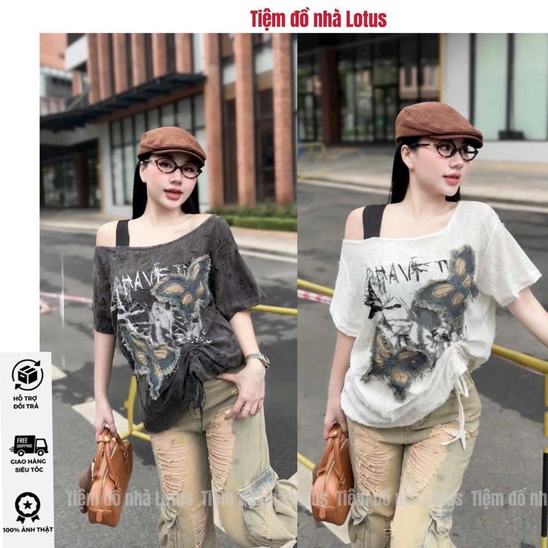 Video SP - Áo thun lệch vai hoạ tiết bướm phối rách siêu chất cho nàng (Tiệm đồ nhà Lotus)