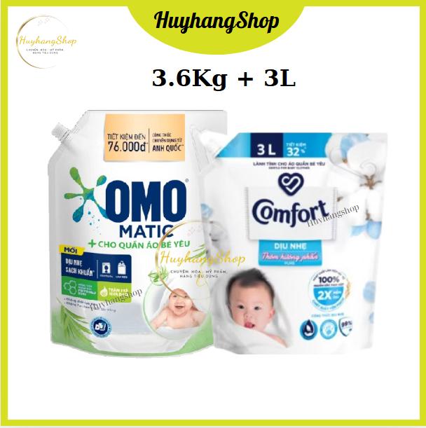 Combo Nước Giặt Omo Matic cho Bé 3.6Kg + Nước Xả Vải Comfort Dịu Nhẹ 3L thơm hương phấn Huyhangshop