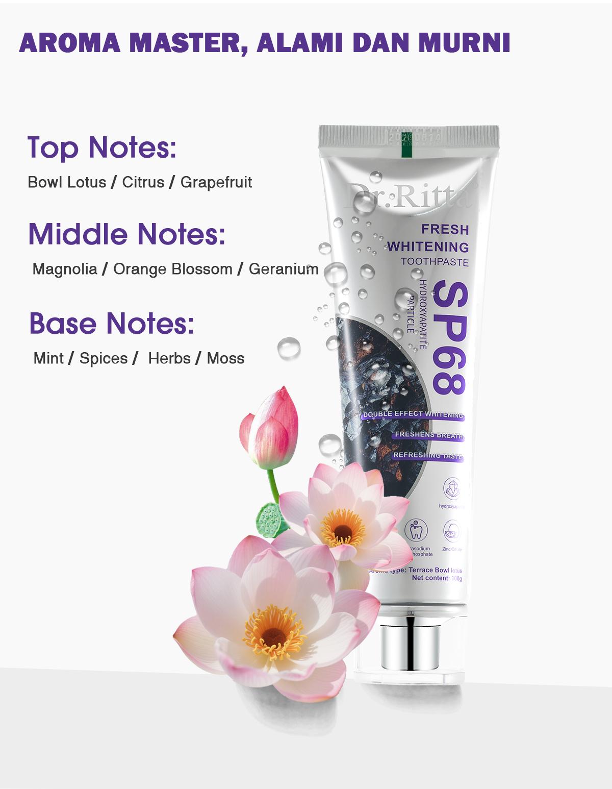 Dr.Ritta Pasta Gigi Pemutih SP68 100g, 20 Kali Lipat Gigi Putih, Bebas Noda Kuning, Napas Segar, Gigi Sensitif, Hidroksiapatit, Tetrasodium Pyrofosfat, Zink Sitrat