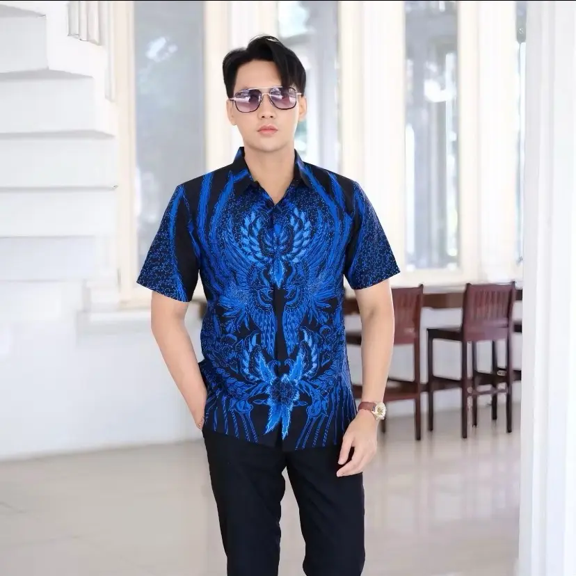 Lengan pendek Pager Biru kemeja batik pria slimfit bahan katun prima lapis furing Baju Tebal Motif Navy