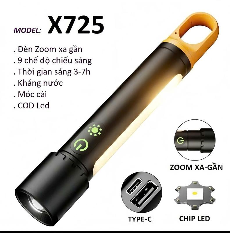 siêu Đèn Pin X-725 Thời gian sáng 3h Đến 7h - Zoom xa gần, cod led - 9 chế độ sáng - kháng Nước