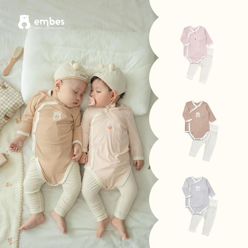 Body chip sơ sinh dài tay cài chéo kèm quần kẻ cho bé Embes Việt Nam từ 0 tháng - 9 tháng - 25-B4-11