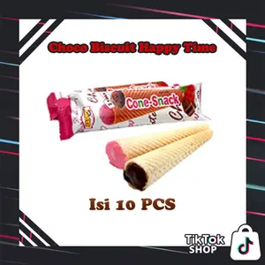 Happy Time Cone Snack – Cemilan Renyah dengan Perpaduan Cokelat & Strawberry! 1 Renceng ISI 10 PCS