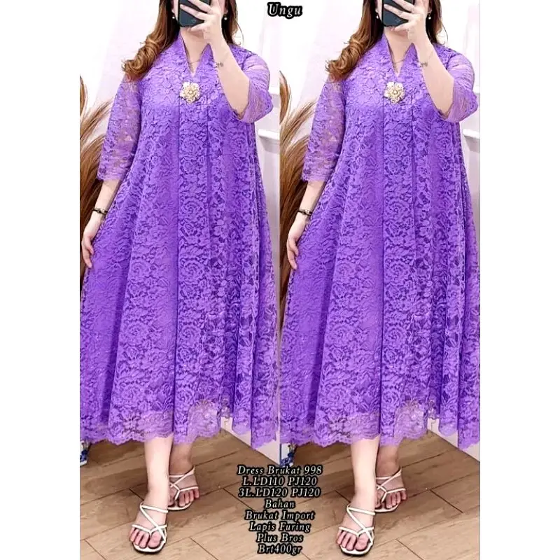 DRES BRUKAT IMPORT APLIKASI BORDIR V-Neck Casual Pesta Wanita Formal Panjang