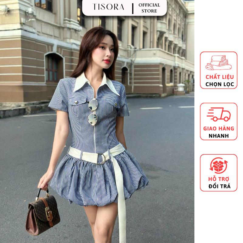 Đầm bí cổ sơ mi cộc tay kẻ sọc xanh kèm đai trắng (có lót quần) - TISORA