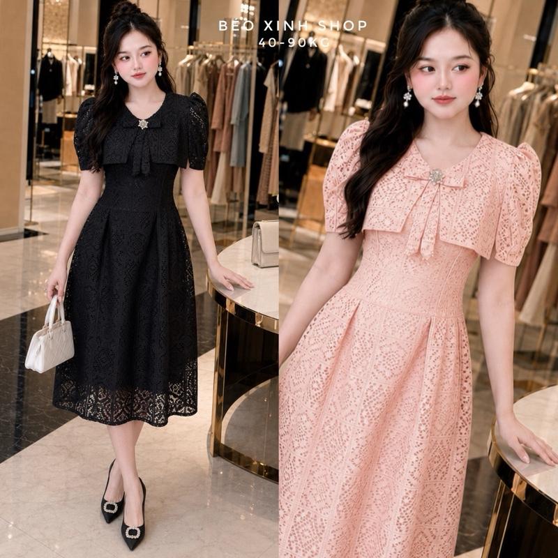Váy Ren Nữ Có Bigsize Phối Nơ Đính Đá Cao Cấp, Form Dài Thanh Lịch Che Dáng Đẹp 40–90kg Béo Xinh Shop - A.1838