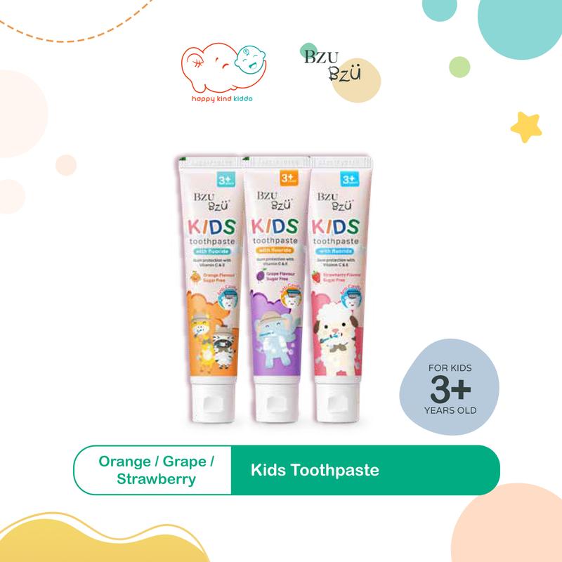 Bzu Bzu Kids Toothpaste (50g), 3 Flavors (Orange, Grape, Strawberry ...