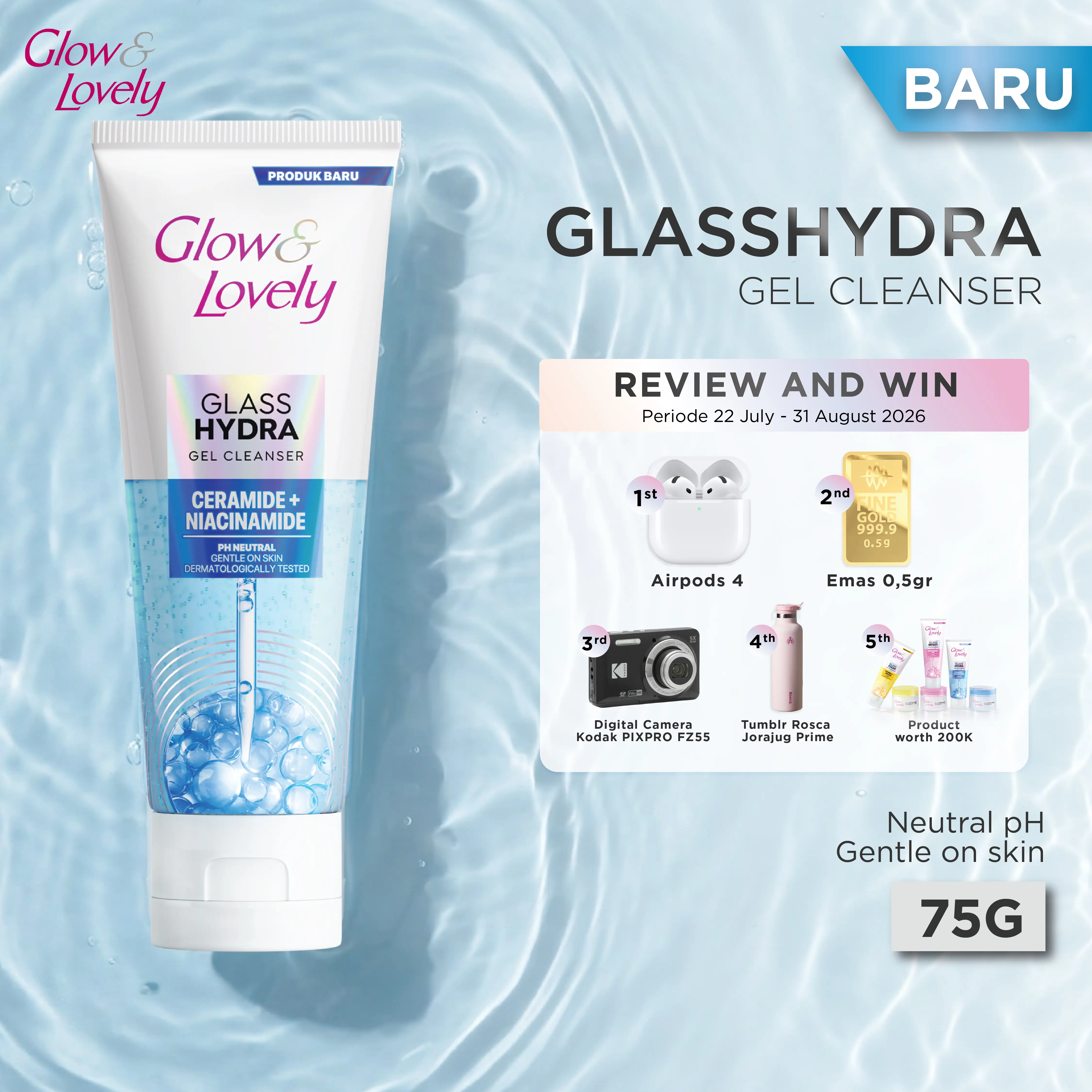 Glow & Lovely Glasshydra Gel Cleanser 75 gr - Sabun Cuci Muka yang Membersihkan dan Melembabkan Kulit Tampak Bening dan Cerah dengan Ceramide, Niacinamide dan Hyaluronic - Semua Tipe Kulit
