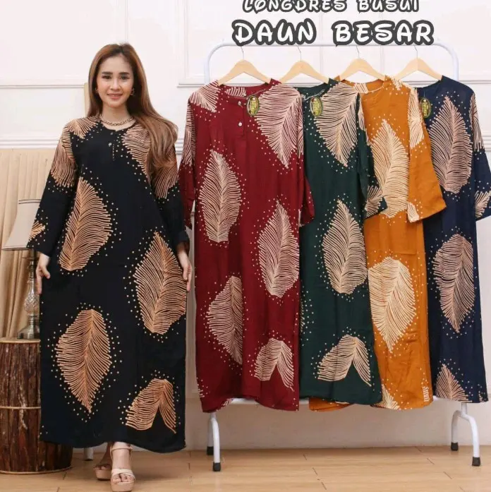 Daster Motif Daun Besar lengan panjang kancing depan busui friendly bahan rayon adem dipakai