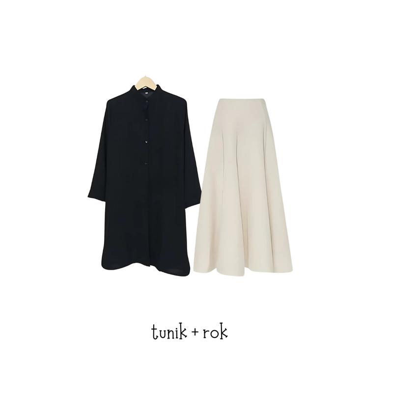 oneset 3in1 tunik hitam rok payung vanilla jilbab bella | perempuan wanita cewek ootd hijab casual hangout pantai piknik kuliah bukber lebaran korean style HK72 MURAH 3