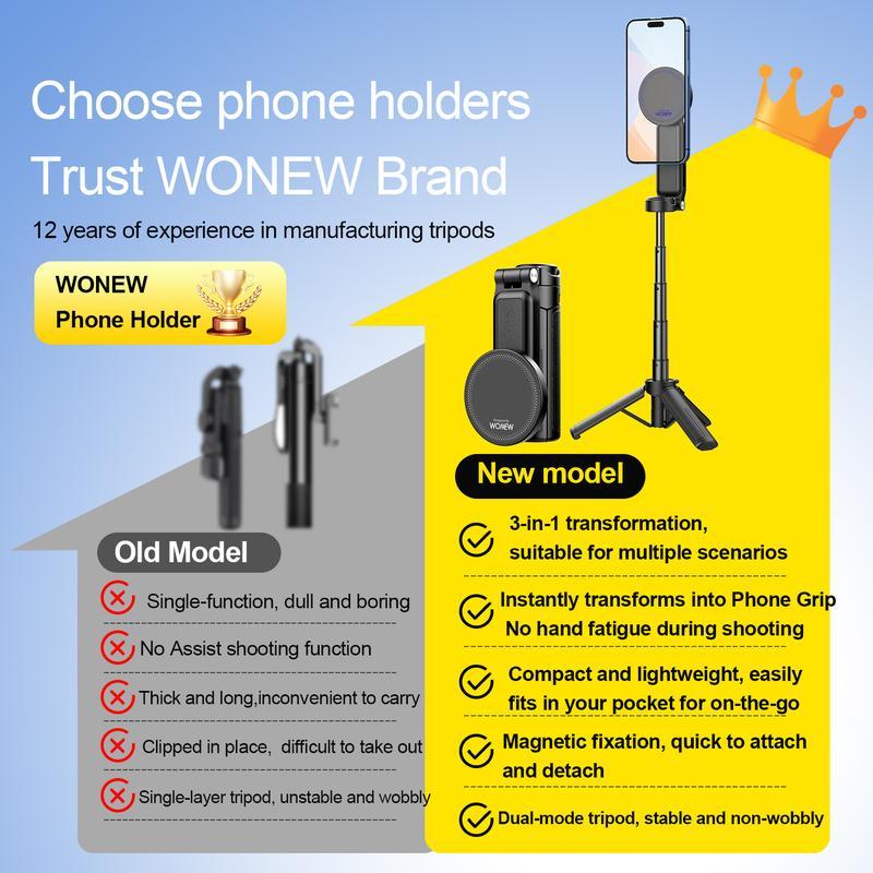 3-in-1 Magnetic Phone Grip，Magsafe phoneholder，Wonew Palm-Size Selfie Stick/Tripod，travel selfie portable，with Bluetooth remote， 8