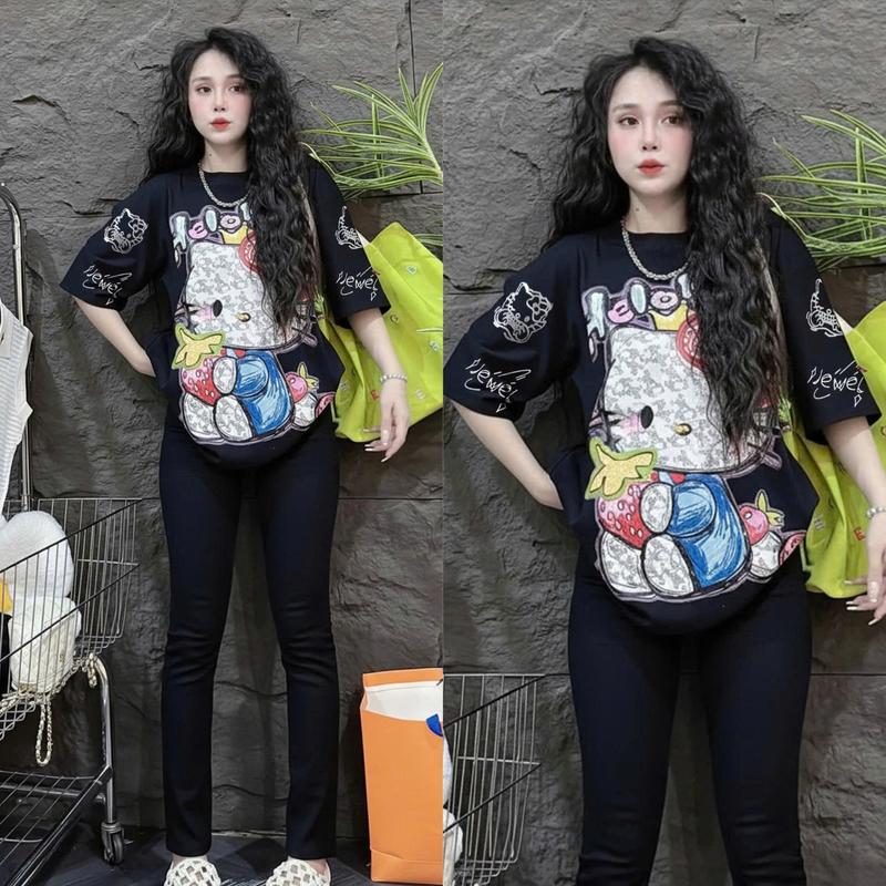 { Chất Liệu Gân Tăm } Set Đồ Bộ Nữ Quần Ôm Dáng Thể Thao + Áo Tay Dài In Hoạt Hình Dễ Thương Bigsize 45-90Kg TOP NỮ