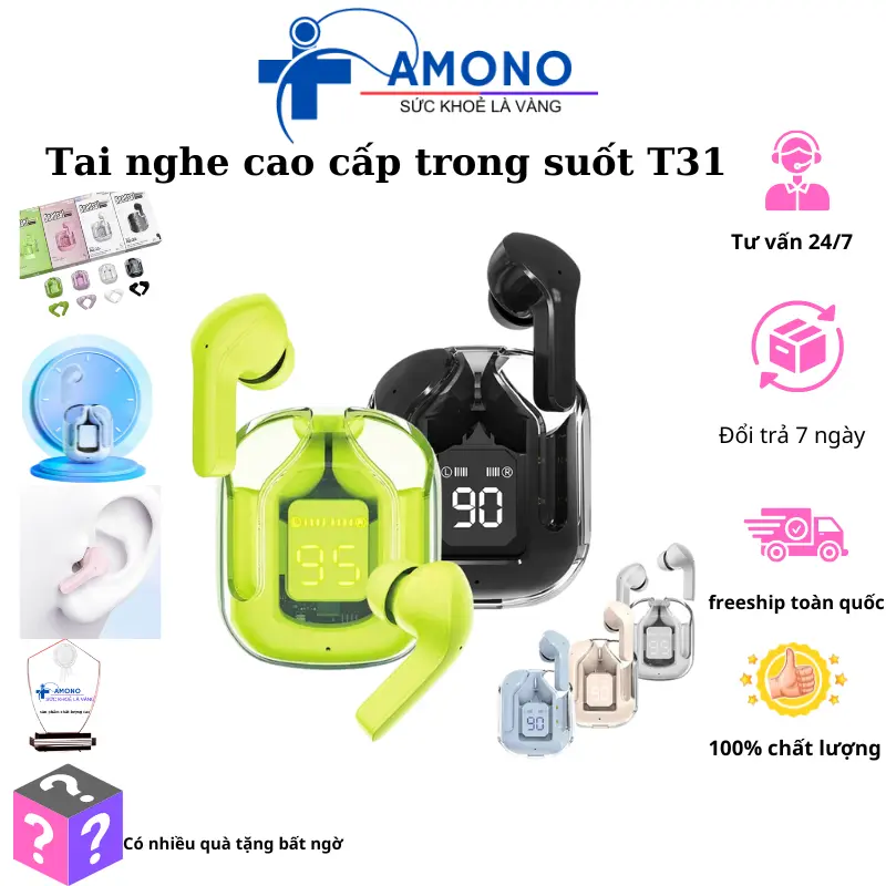 Tai Nghe Bluetooth Không Dây Air31 - BT31 Tai Nghe Nhét Tai Chống Ồn Trong Suốt Kèm Phụ Kiện Kết Nối Các Dòng Máy