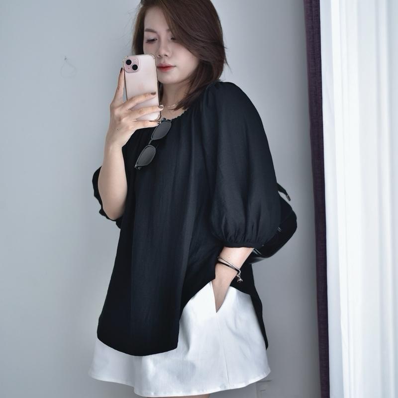  Áo Linen tưng vân gỗ trễ vai tay lửng phồng Bigsize 90kg - Miabigsize 