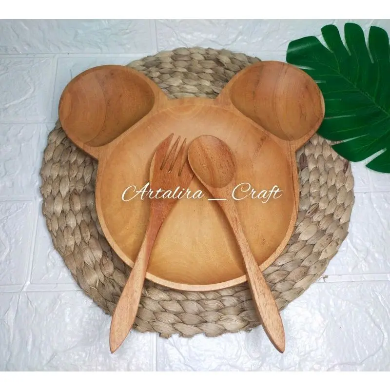 Set Piring Bayi Bentuk Mickey Mouse Kayu Mahoni
