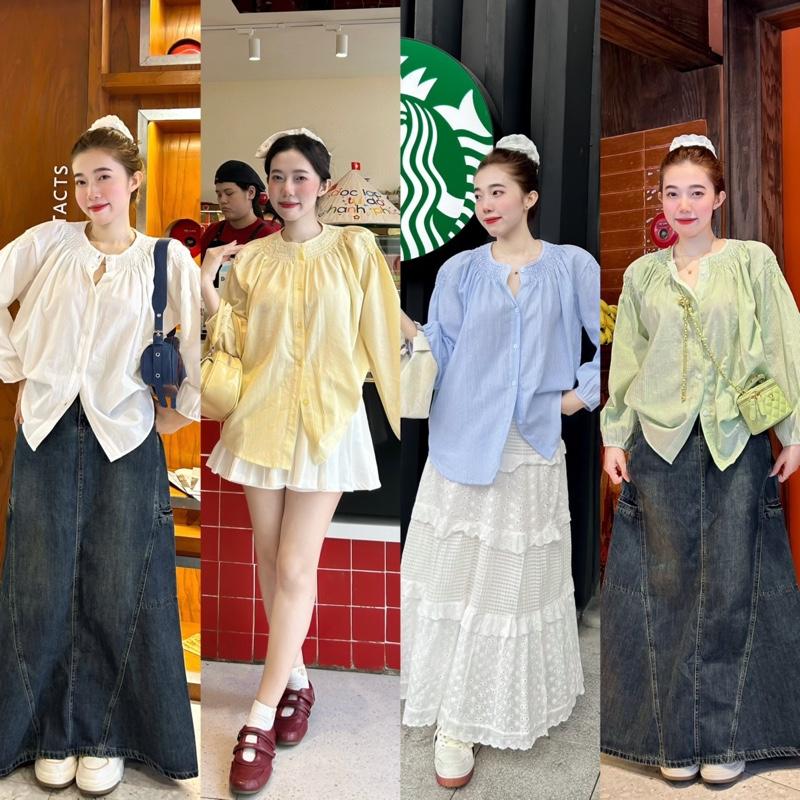 Áo Sơ Mi -CHUU- Kẻ Sọc Dáng BaBy Doll Rộng Tay Bồng Cổ Tròn Chạy Chun Nữ