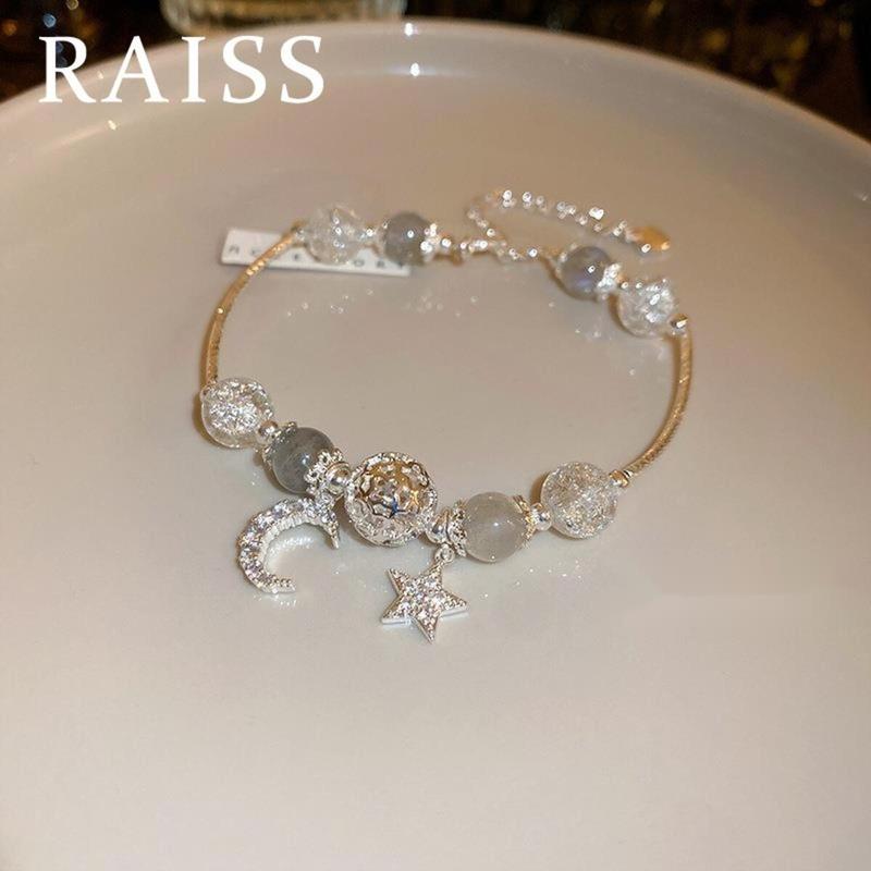 Vòng Tay Zircon Hình Ngôi Sao Mặt Trăng, RAISS, Dây Rút, Vòng Tay Hạt Pha Lê, Dành Cho Nữ, Màu Xám, Thời Trang
