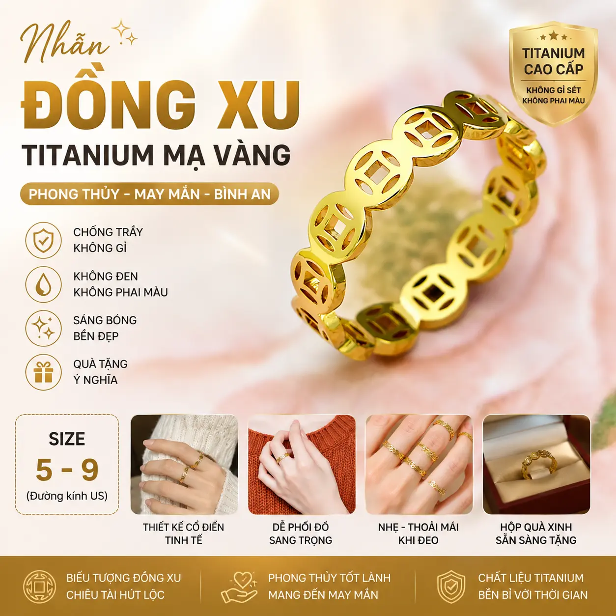Nhẫn Đồng Xu Titanium Phong Thủy - Thiết Kế Họa Tiết Cổ Điển, Chống Trầy & Không Gỉ (Size 5-9) - Quà Tặng May Mắn