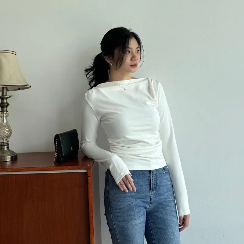 ￼EASE - Brie Top | Boat Neck Top with Ruched Details |  Atasan Wanita Baju Kaos Polos Panjang 4