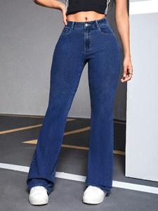 Mezclilla Vaqueros para Mujer Corte Vaqueros Acampanados Azul Cintura Alta Elástica Lavado Claro Algodón Casual Primavera Otoño Unicolor Outfit Vaqueros Mujer Pantalón Vaqueras Mujer Outfit Jeans Casuales