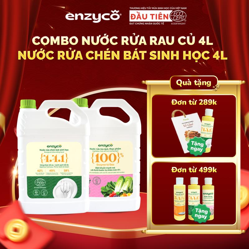 Combo Nước ngâm rửa rau củ quả thực phẩm sinh học ENZYCO 4L và Nước rửa chén bát sinh học ENZYCO 4L - Cùng Enzyco Dọn Nhà An Toàn - Đón Tết An Lành