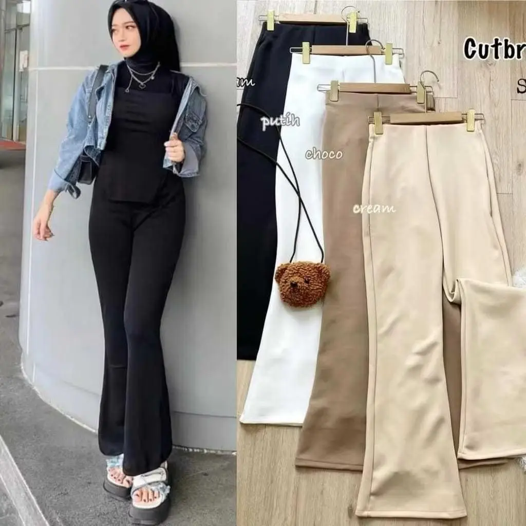Celana Flare Pants Wanita Scuba Highwaist / Celana Cutbray Bahan Stretch Premium Modern Pinggang Karet / Kulot Basic Casual Stylist