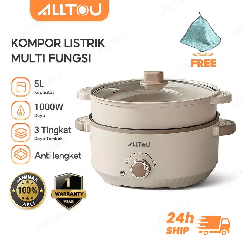 ALLTOU Panci Listrik 3L/5L Multifungsi Steamer Panci Listrik Serbaguna Anti Lengket Putih