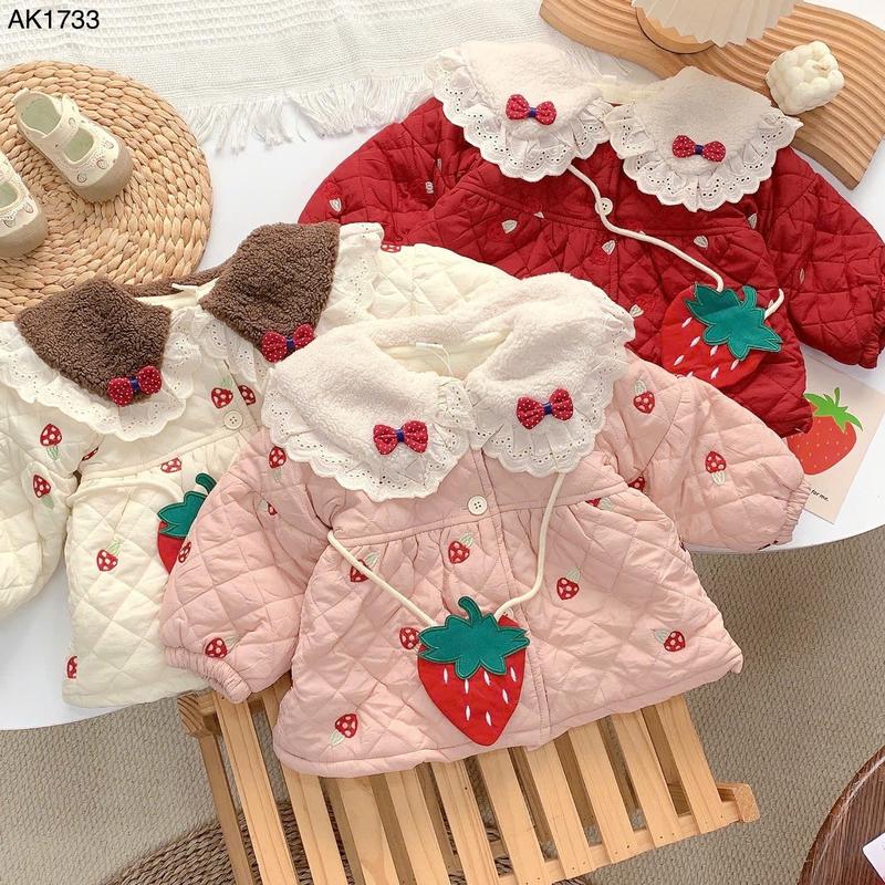  Hey Susie AK1733 -Áo Khoác Dâu Tây Cổ Lông Đính Nơ Cho Bé Gái Size 8-17kg vp  