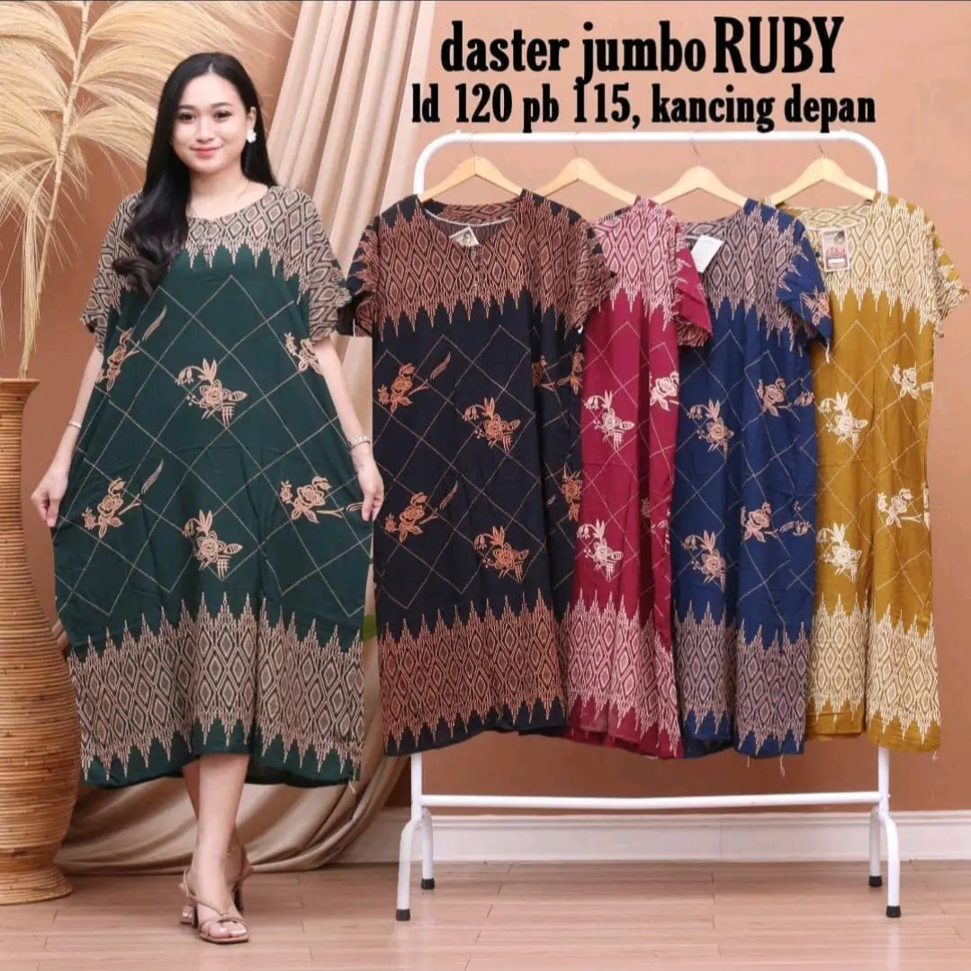Daster jumbo Ruby lengan pendek kancing depan busui bahan rayon adem dipakai Textured Woven Fabric Cuci Kering