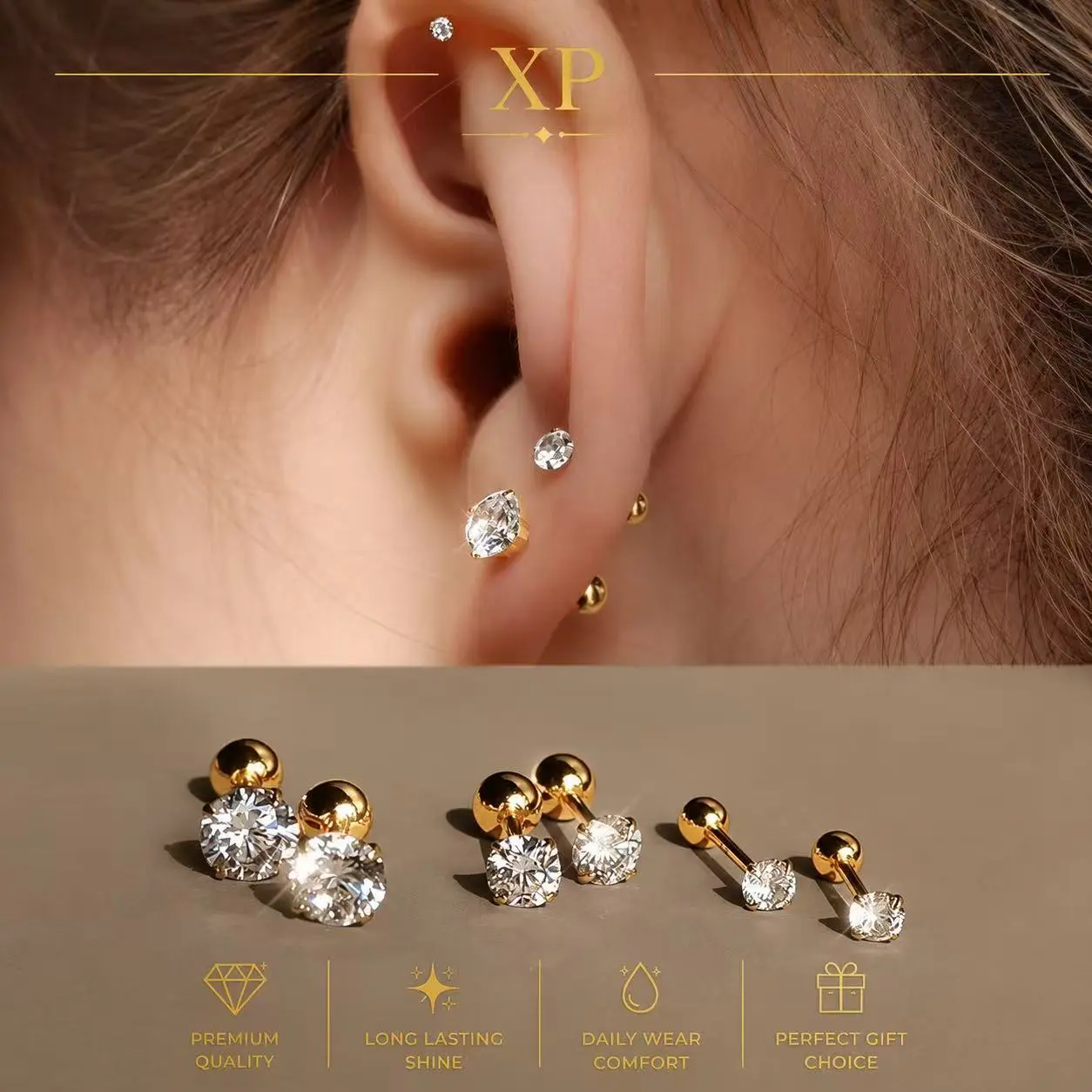 XP Anting tindik tulang rawan telinga yang sangat berkilau, sederhana dan bergaya, anting berlian titanium tahan karat.
