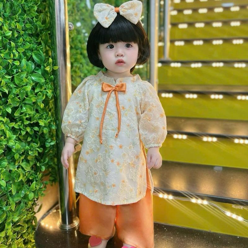 Áo Dài Thêu Hoa 2 Màu Đỏ Vàng Sang Trọng Quần Lụa Satin Cho Bé Gái Kèm Cài Ngọc 5-12kg