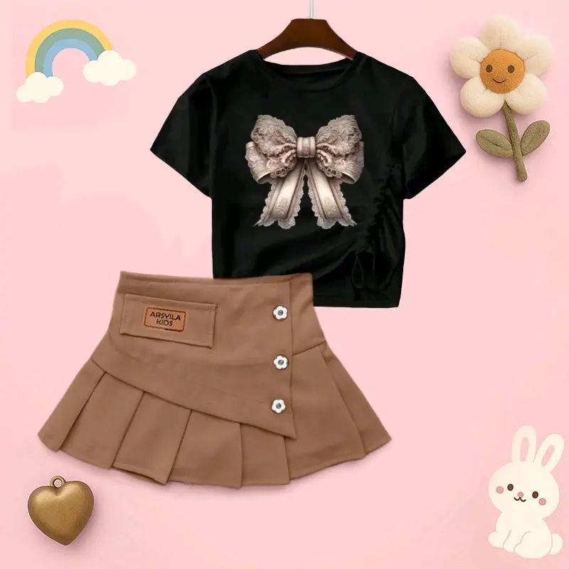 Arsyila kids Oneset Queen Setelan Anak Perempuan 8bulan-8tahun Fashion Kaos Combad 30s Model Crop Top & Rok Semiwol Lembut 3