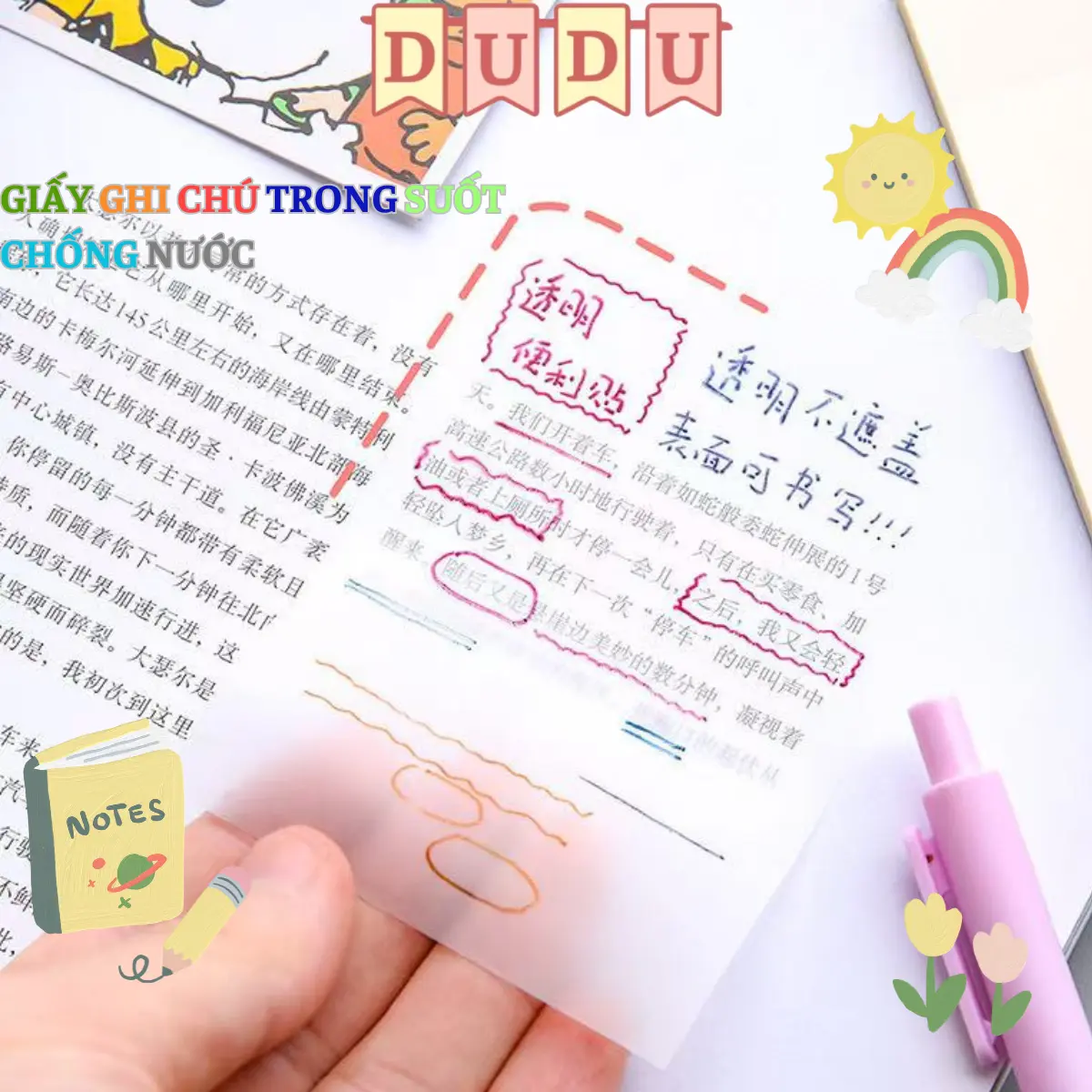 Set 50 Tờ Giấy Ghi Chú Trong Suốt Chống Thấm Nước Sẵn Keo，Giấy Note Ghi Chú Nhiều Màu, Set 50 Giấy Đánh Dấu Có Sẵn Keo