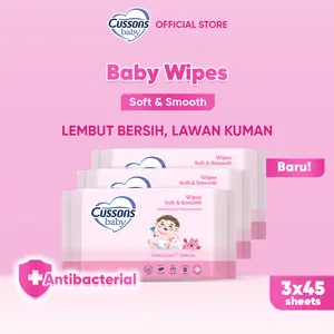 Cussons Baby Wipes Soft & Smooth-Tisu Basah Bayi-Ganti Popok 45's X3
